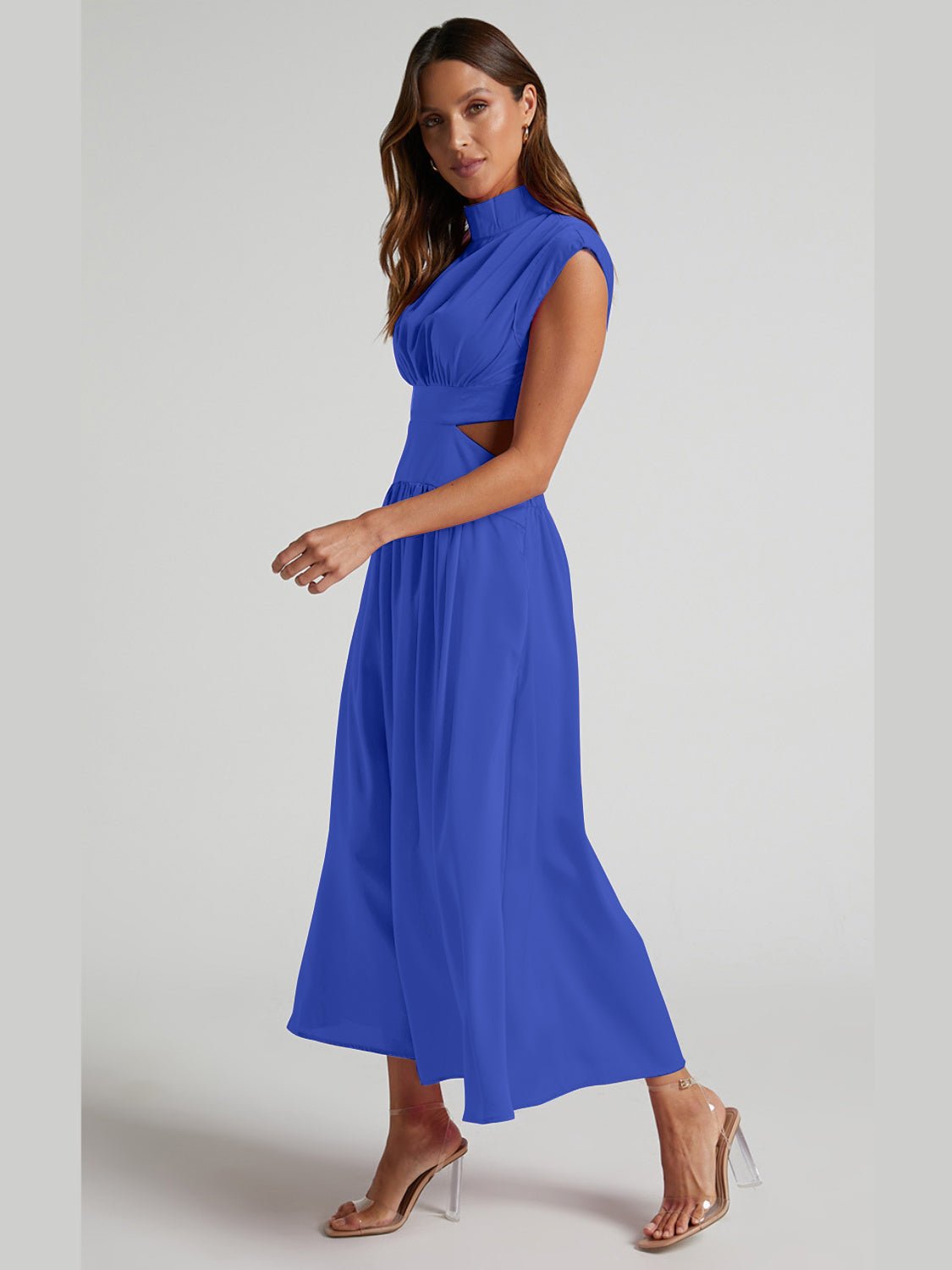 Cutout Mock Neck Sleeveless Ruched Dress - Runway Regalia