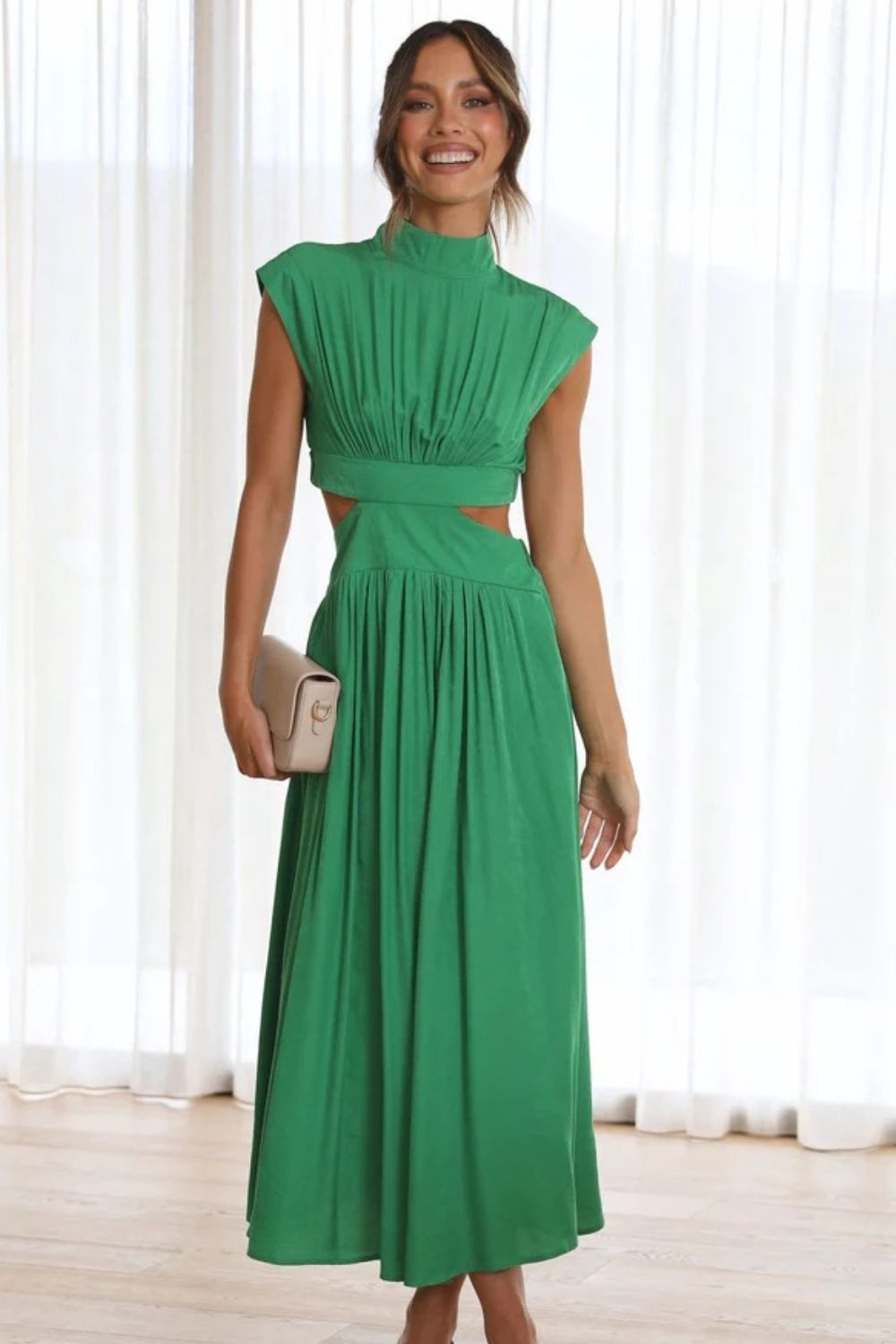 Cutout Mock Neck Sleeveless Ruched Dress - Runway Regalia