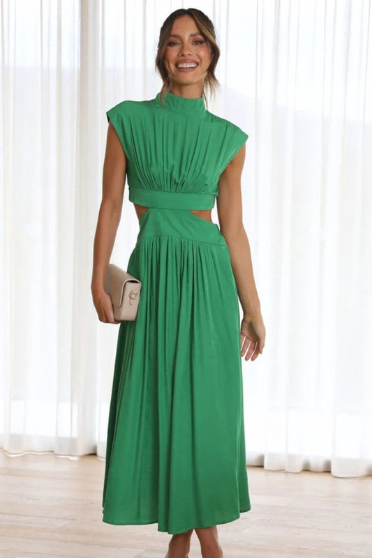 Cutout Mock Neck Sleeveless Ruched Dress - Runway Regalia