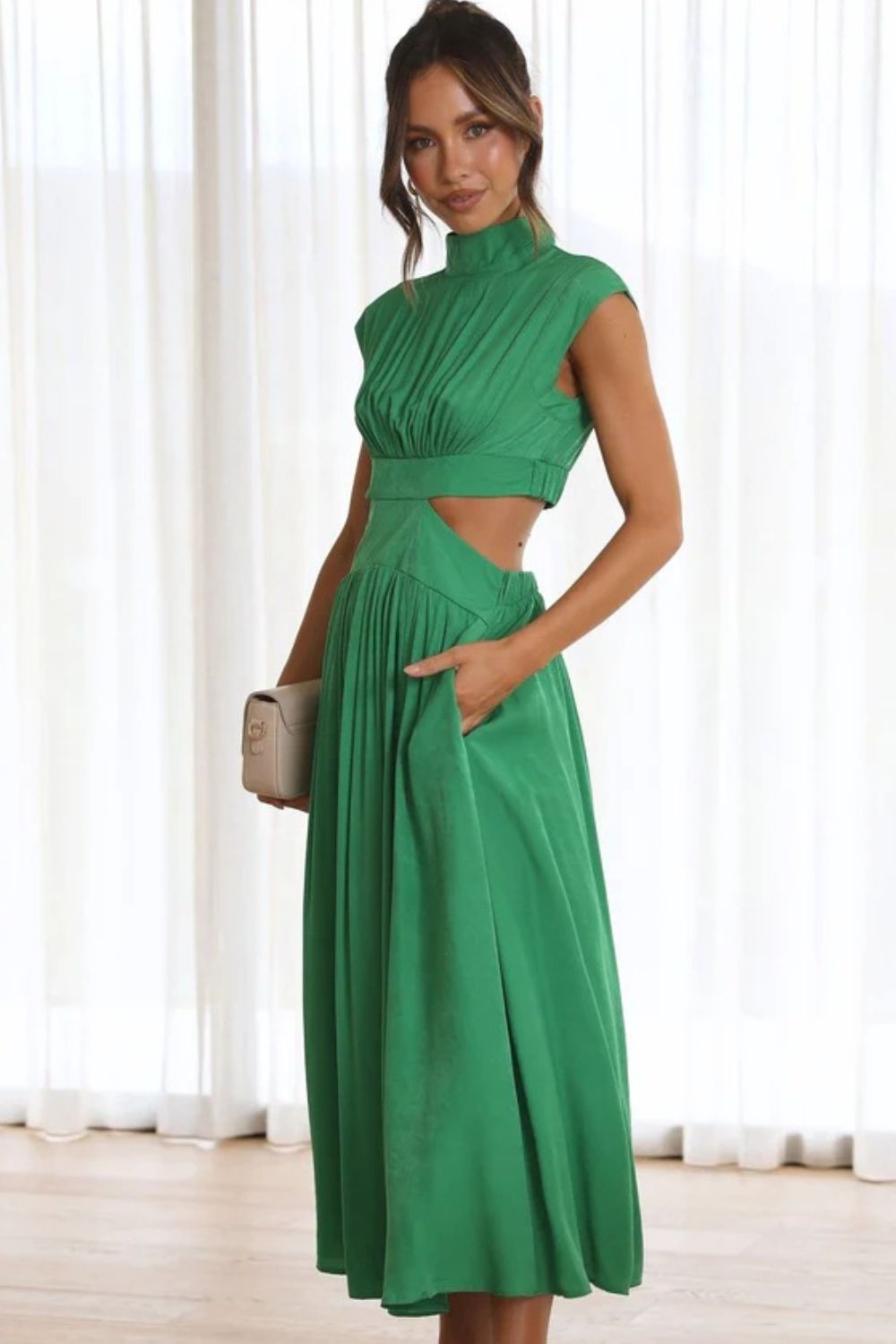 Cutout Mock Neck Sleeveless Ruched Dress - Runway Regalia