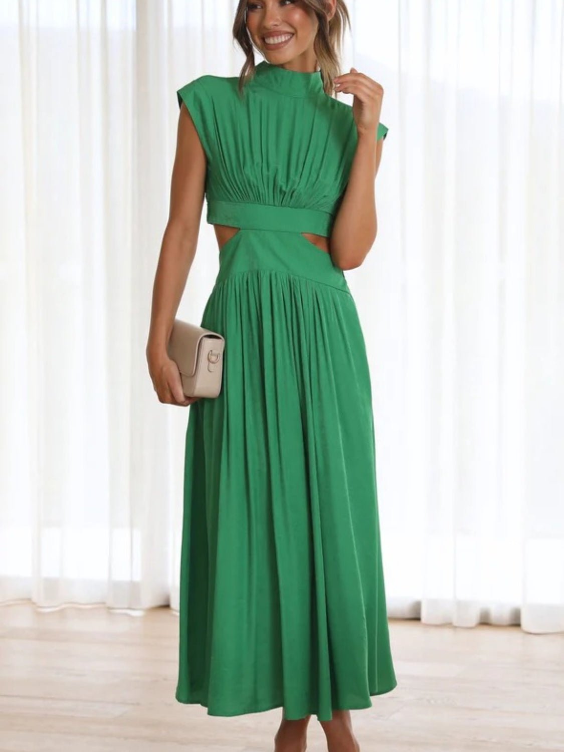 Cutout Mock Neck Sleeveless Ruched Dress - Runway Regalia