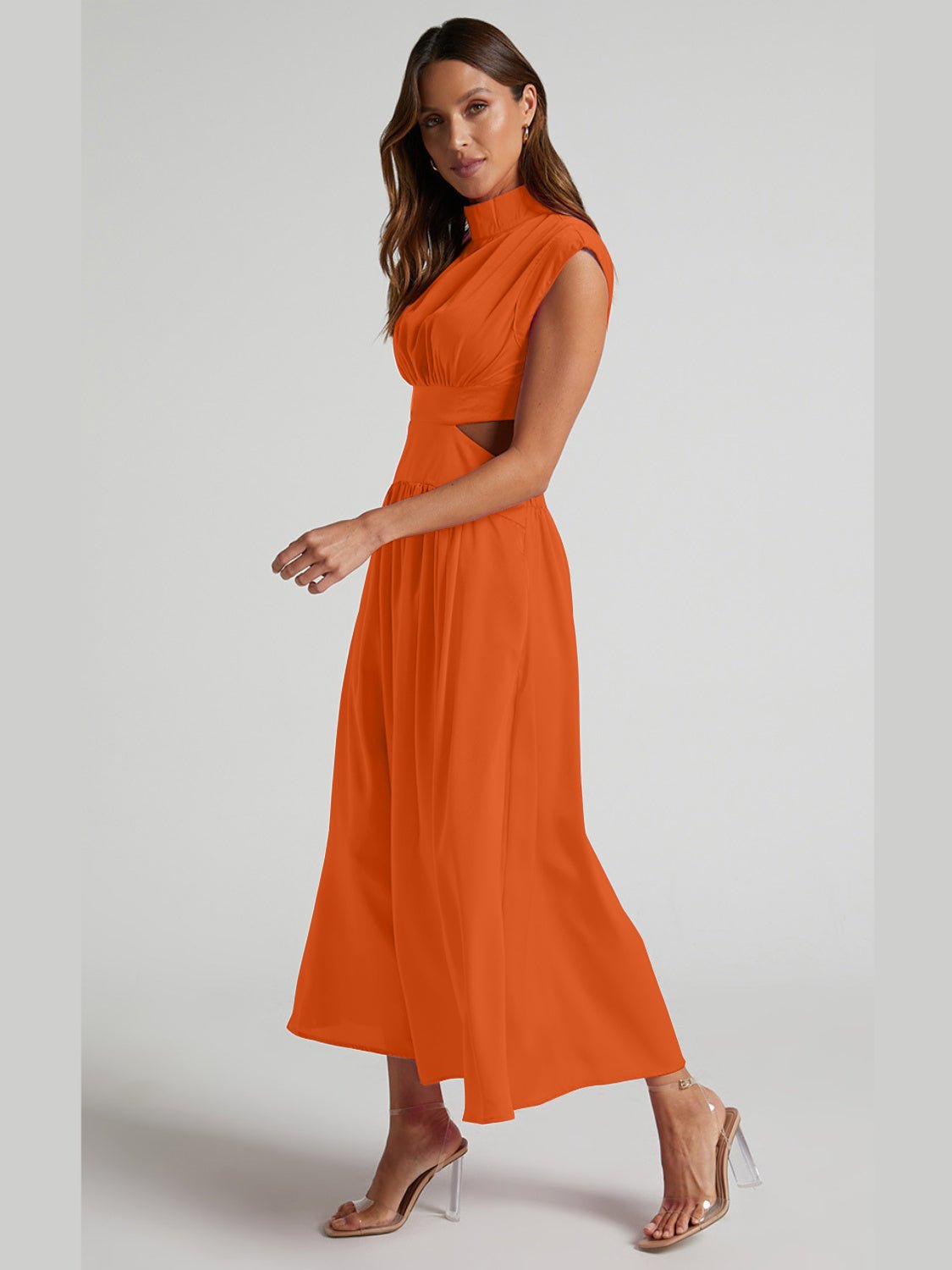 Cutout Mock Neck Sleeveless Ruched Dress - Runway Regalia