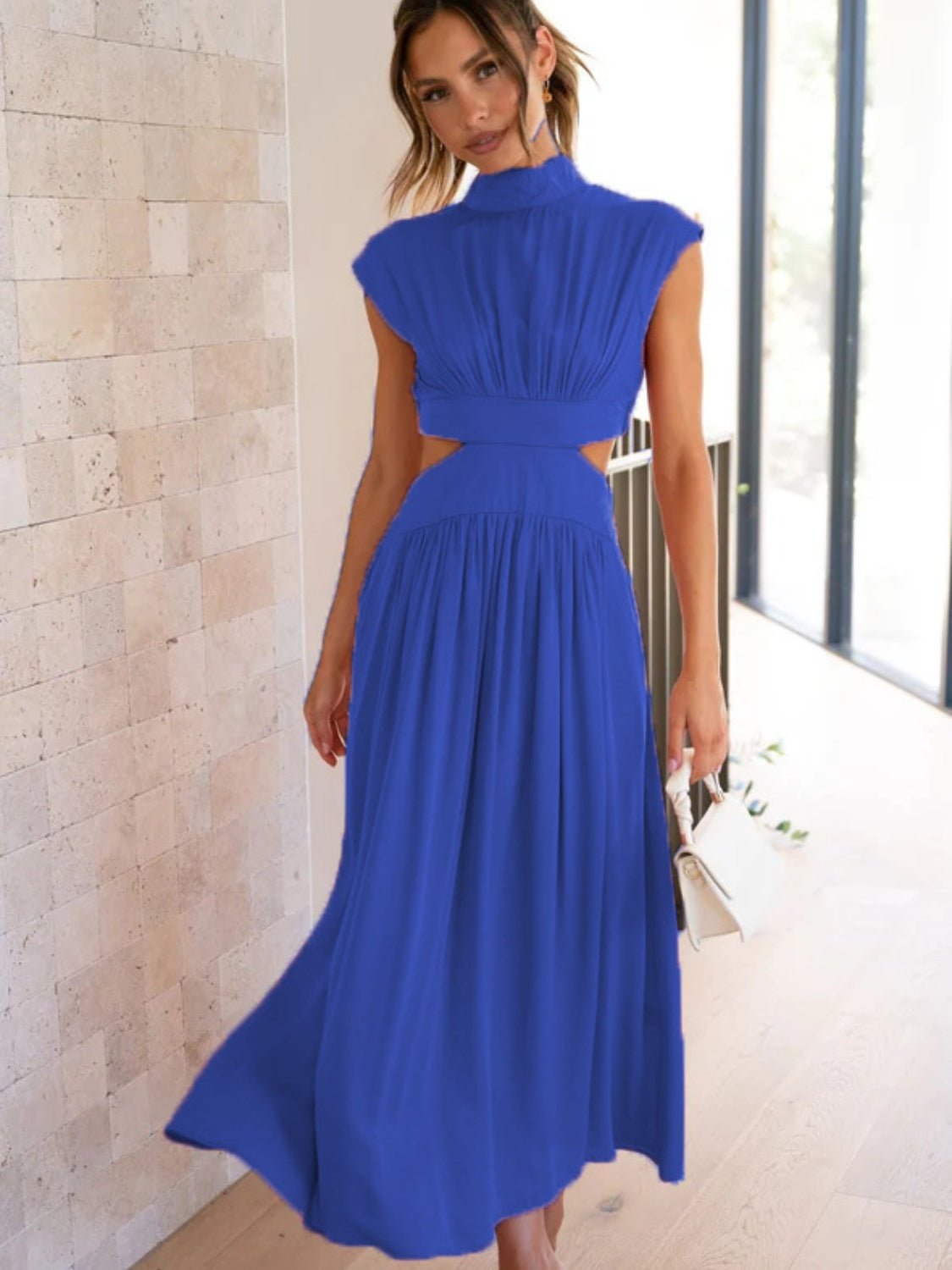 Cutout Mock Neck Sleeveless Ruched Dress - Runway Regalia