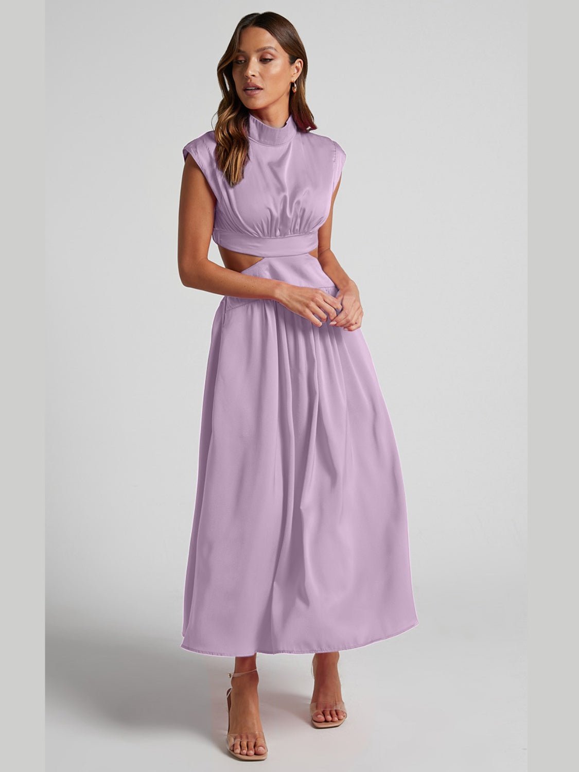 Cutout Mock Neck Sleeveless Ruched Dress - Runway Regalia