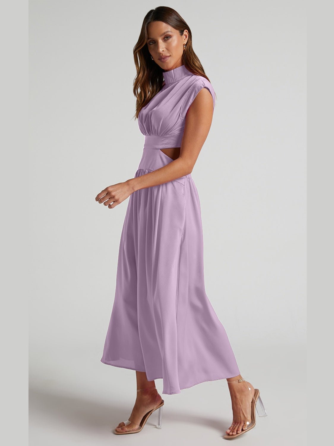 Cutout Mock Neck Sleeveless Ruched Dress - Runway Regalia