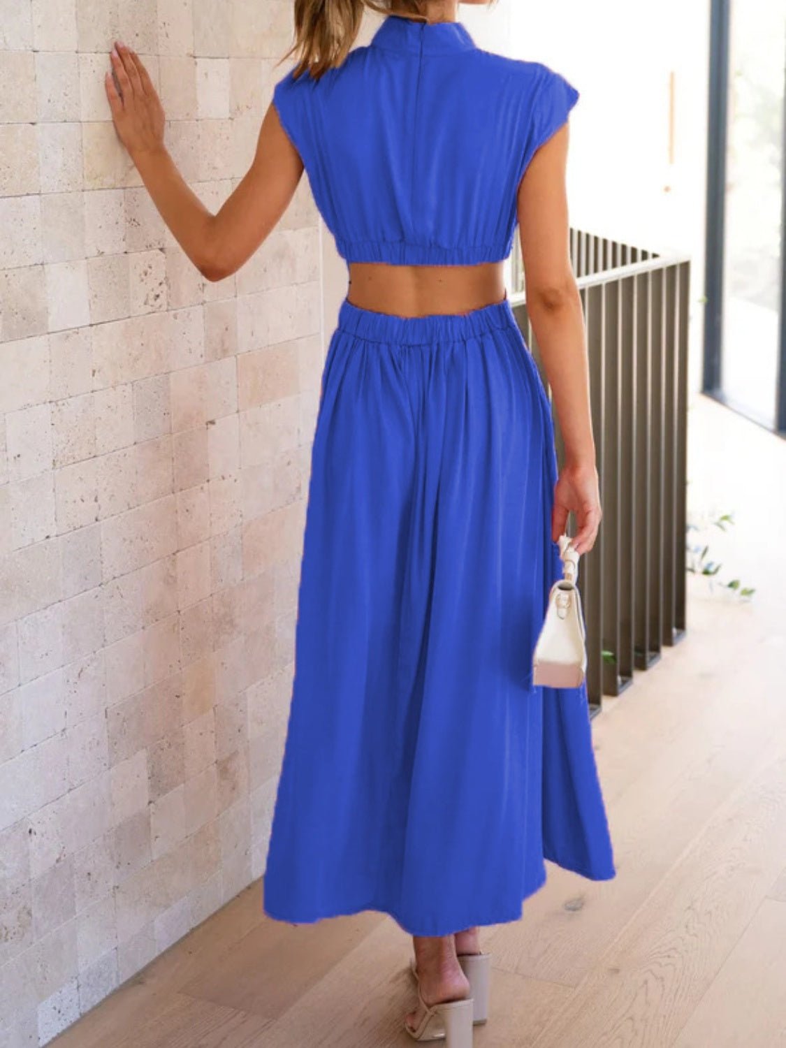 Cutout Mock Neck Sleeveless Ruched Dress - Runway Regalia