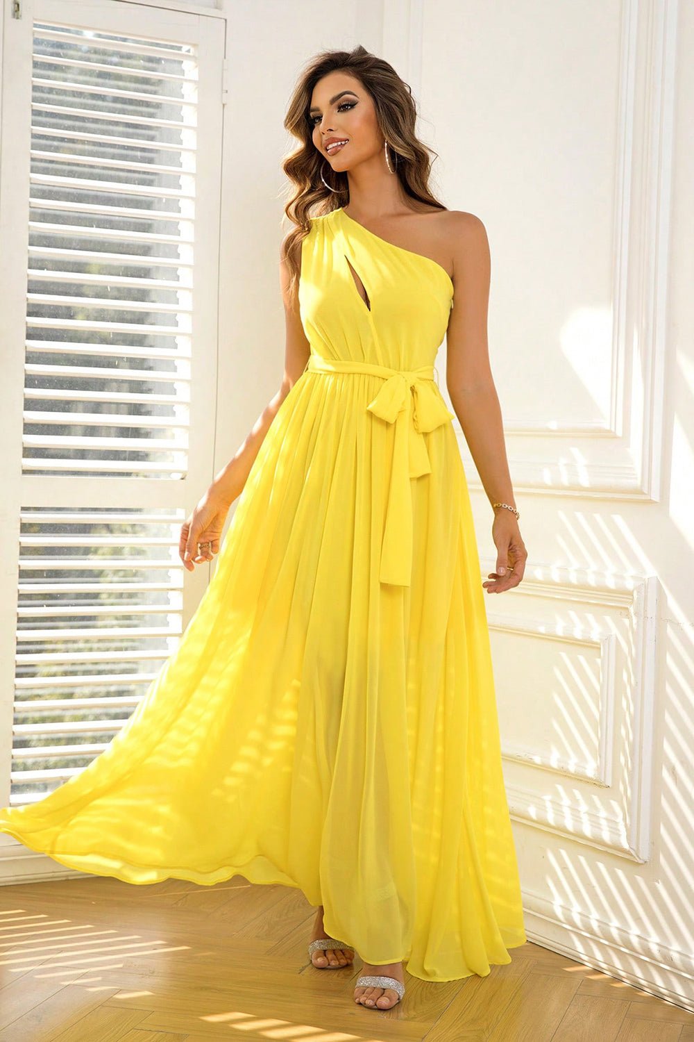 Cutout One - Shoulder Tie Waist Dress - Runway Regalia