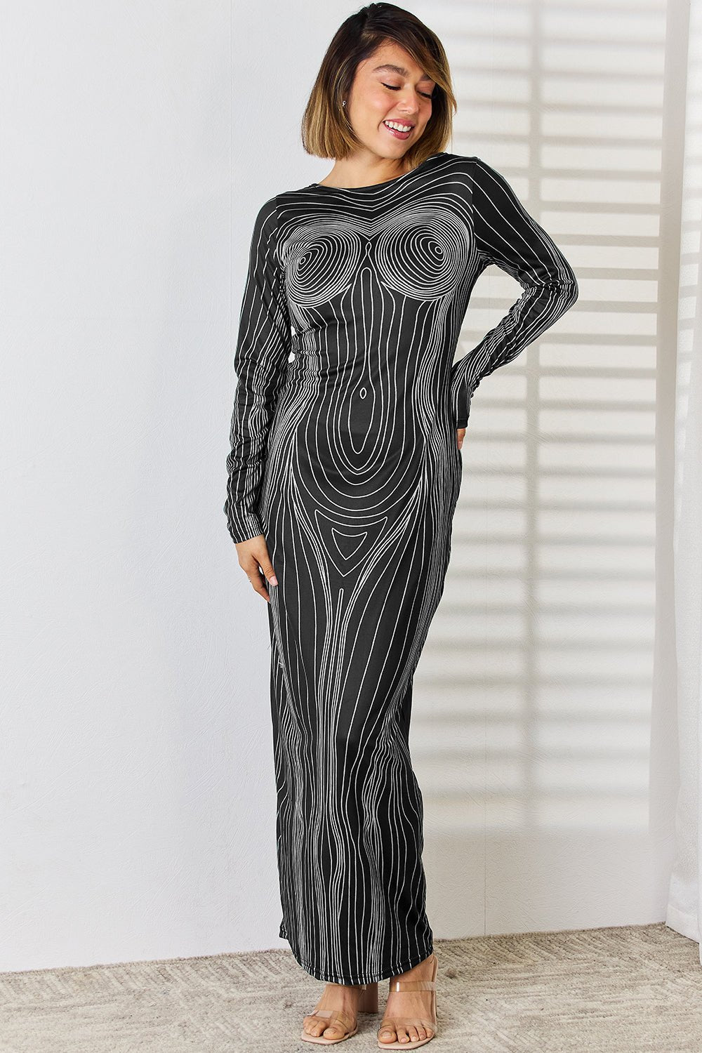 Cutout Round Neck Long Sleeve Maxi Dress - Runway Regalia