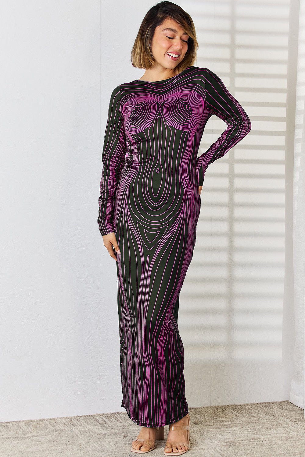 Cutout Round Neck Long Sleeve Maxi Dress - Runway Regalia