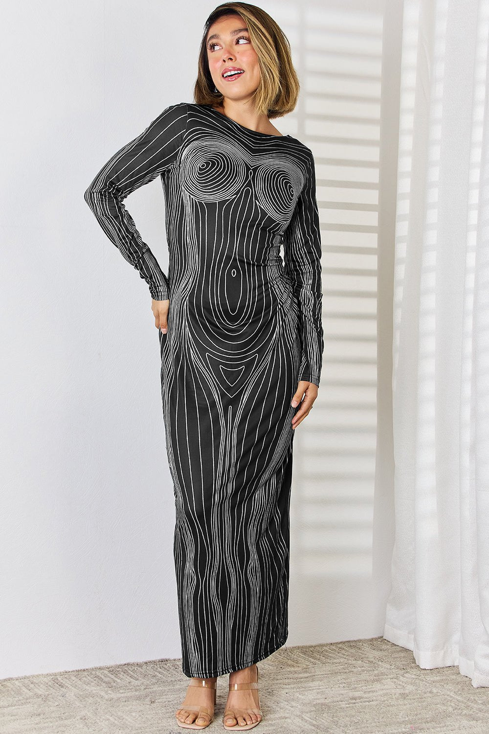 Cutout Round Neck Long Sleeve Maxi Dress - Runway Regalia