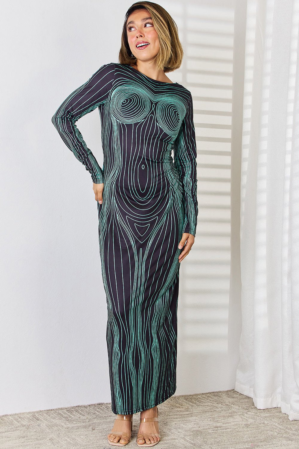 Cutout Round Neck Long Sleeve Maxi Dress - Runway Regalia