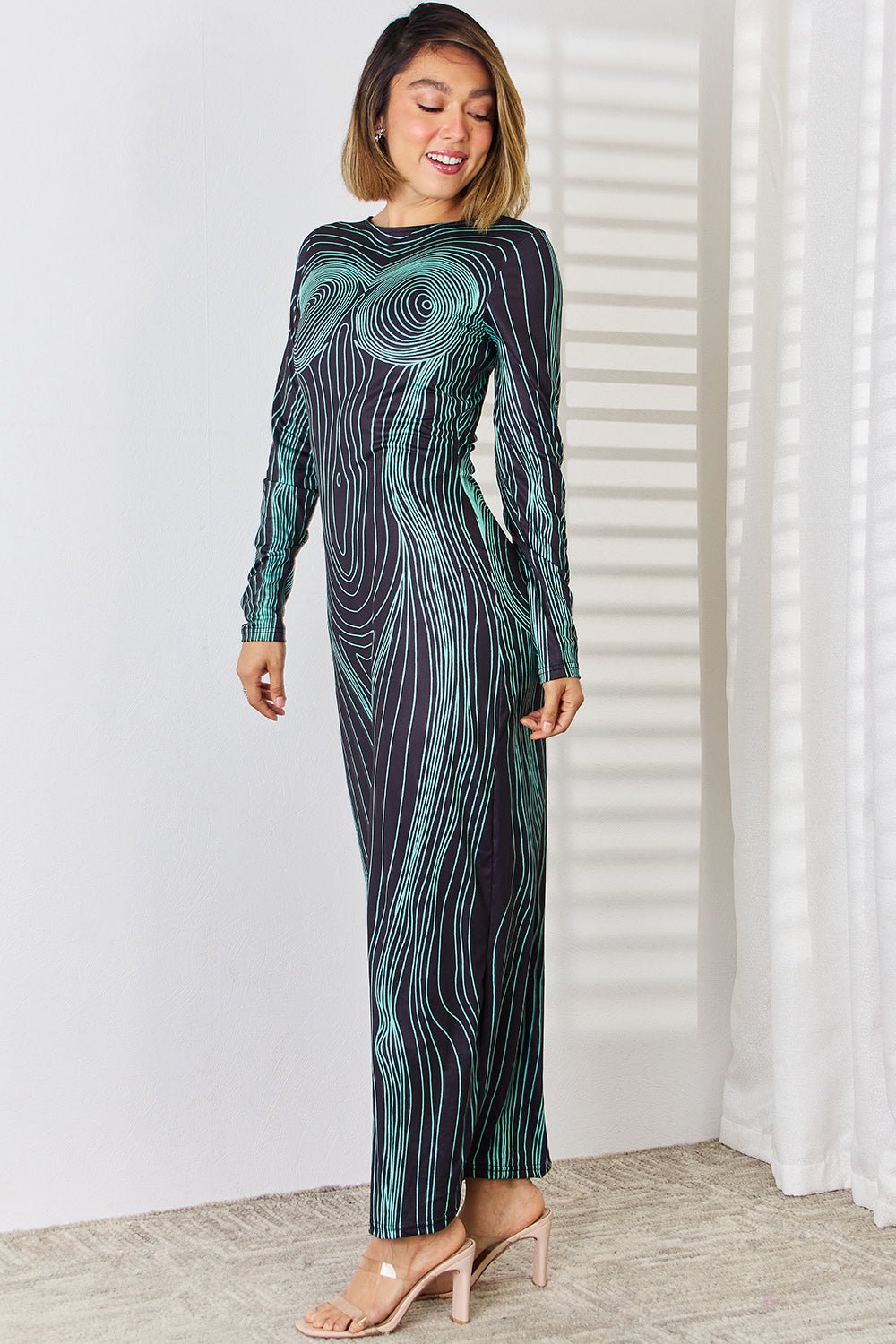 Cutout Round Neck Long Sleeve Maxi Dress - Runway Regalia