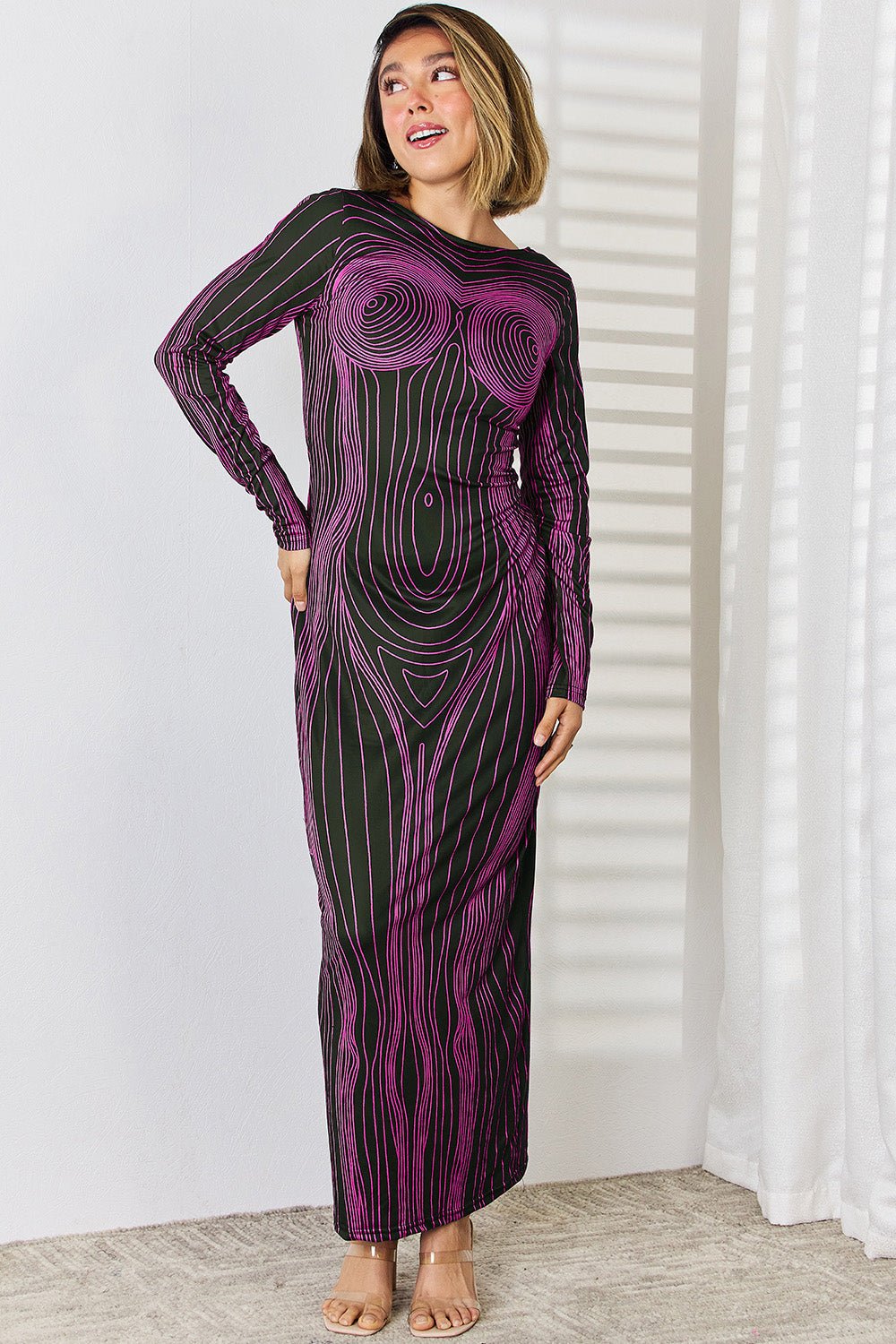 Cutout Round Neck Long Sleeve Maxi Dress - Runway Regalia