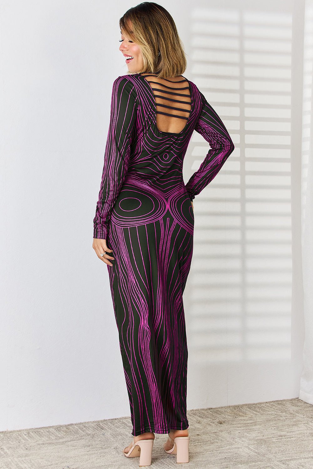 Cutout Round Neck Long Sleeve Maxi Dress - Runway Regalia