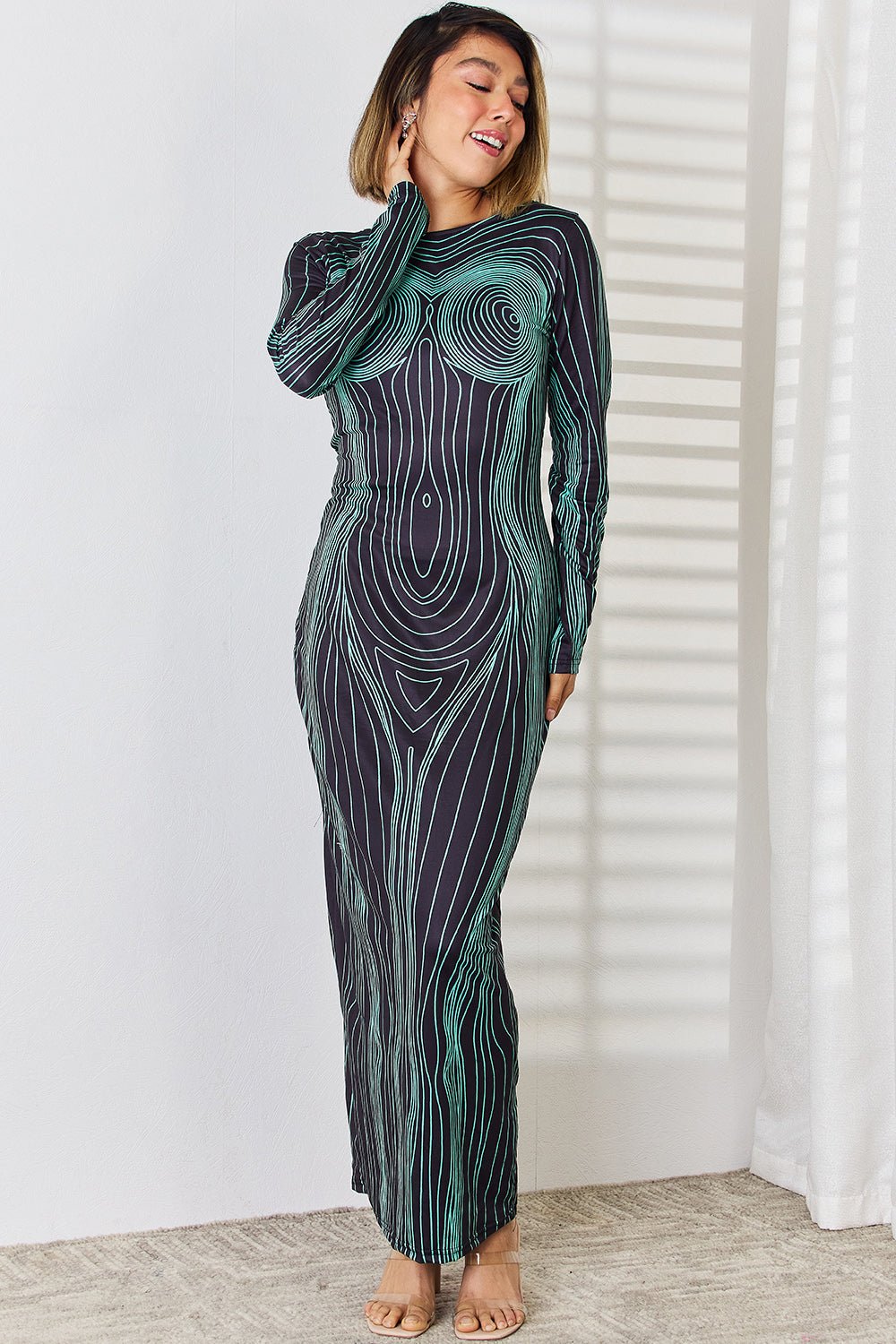 Cutout Round Neck Long Sleeve Maxi Dress - Runway Regalia