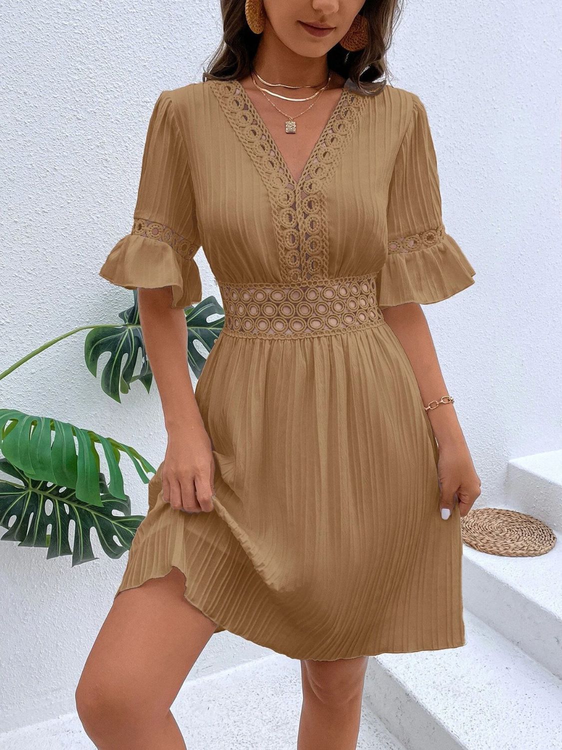 Cutout V - Neck Flounce Sleeve Mini Dress - Runway Regalia