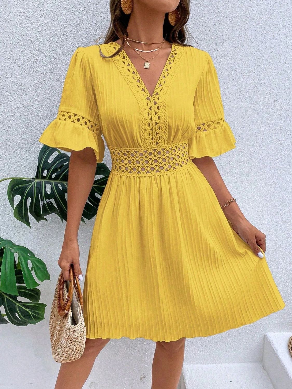 Cutout V - Neck Flounce Sleeve Mini Dress - Runway Regalia