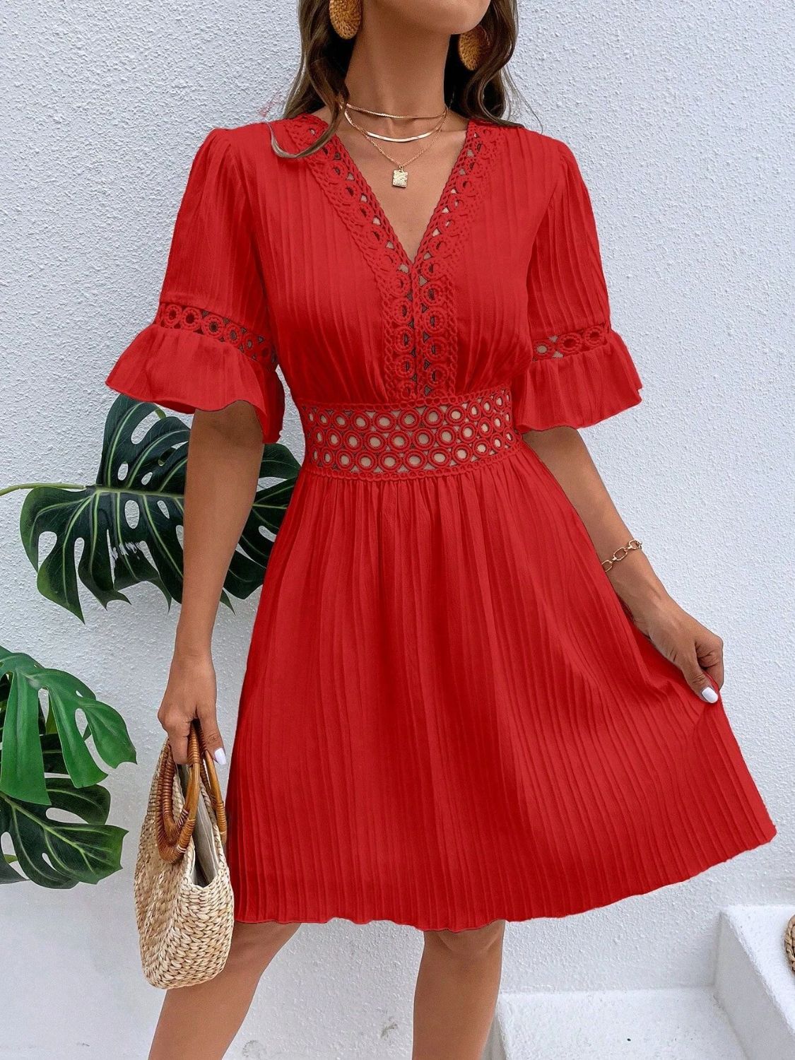 Cutout V - Neck Flounce Sleeve Mini Dress - Runway Regalia