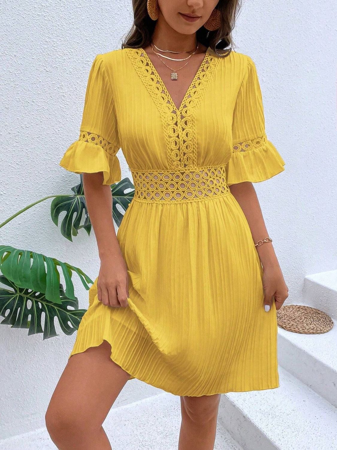 Cutout V - Neck Flounce Sleeve Mini Dress - Runway Regalia