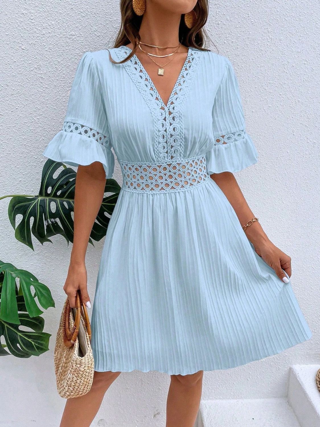 Cutout V - Neck Flounce Sleeve Mini Dress - Runway Regalia