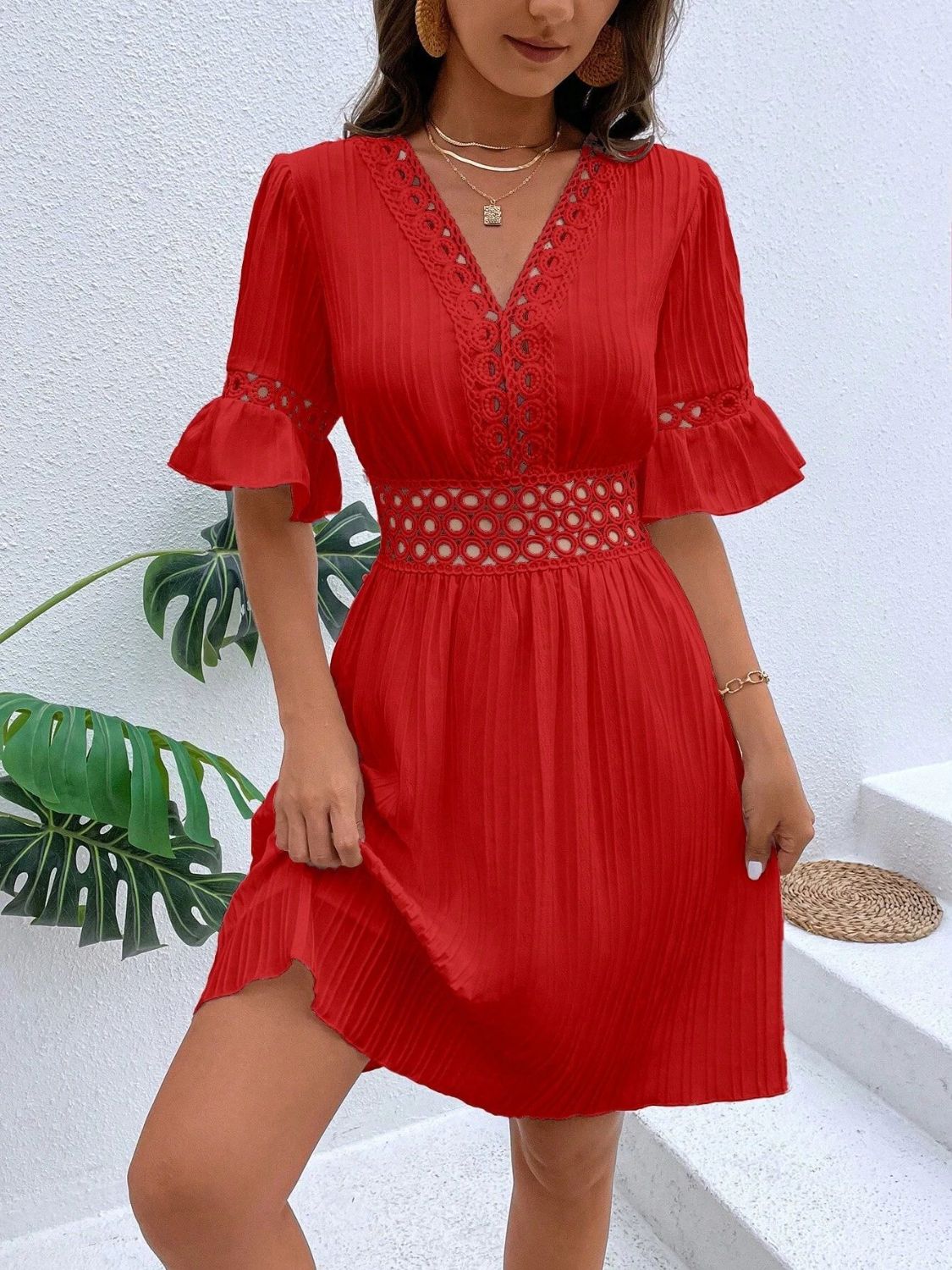 Cutout V - Neck Flounce Sleeve Mini Dress - Runway Regalia