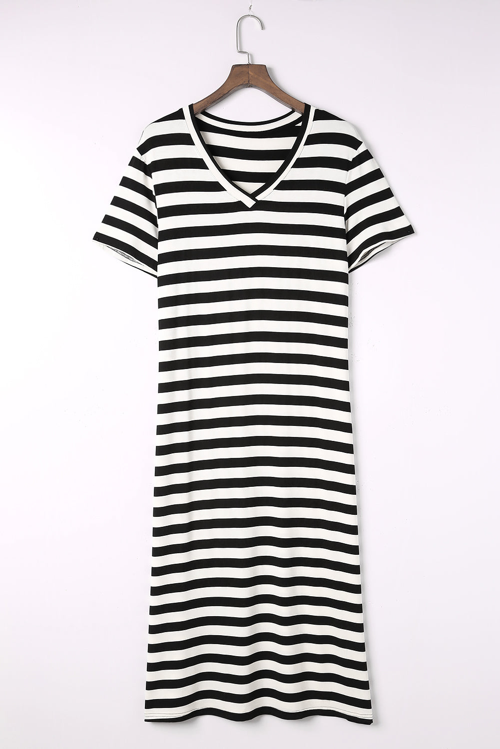 Striped V-Neck Short Sleeve Side Slit Dress