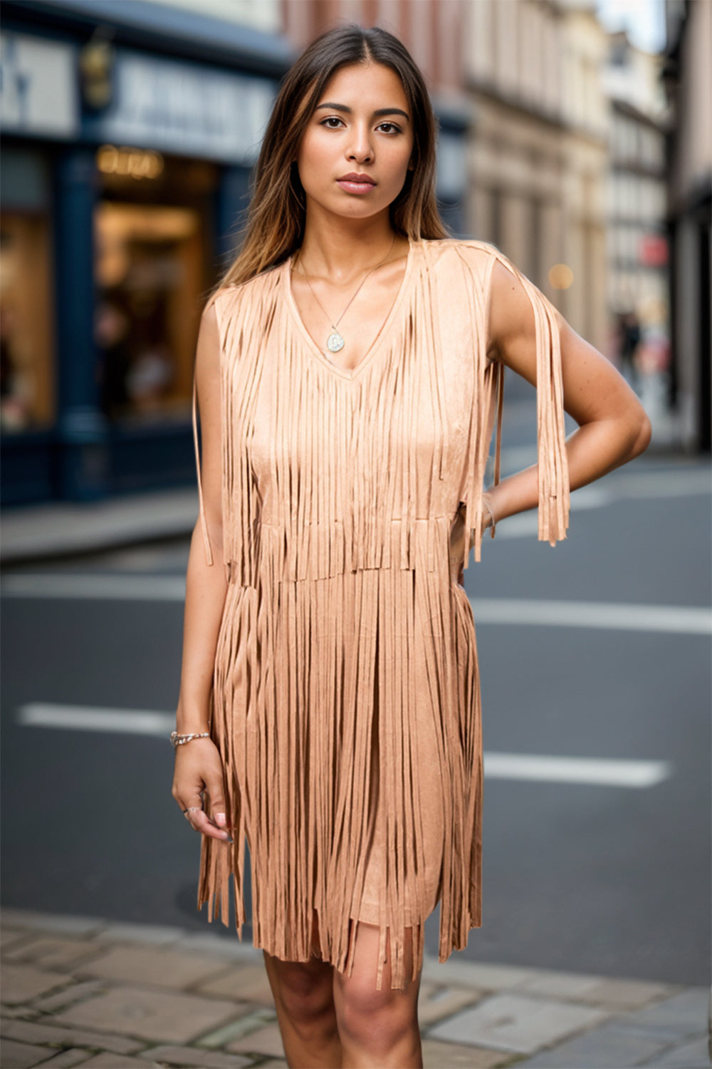 MeiMei Full Size Fringe V-Neck Sleeveless Mini Dress