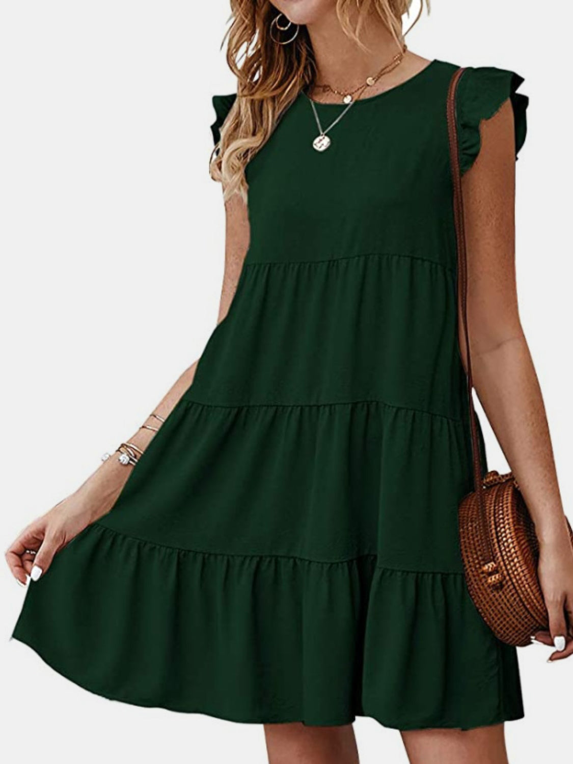 Vestido mini con cuello redondo y mangas cortas con volantes