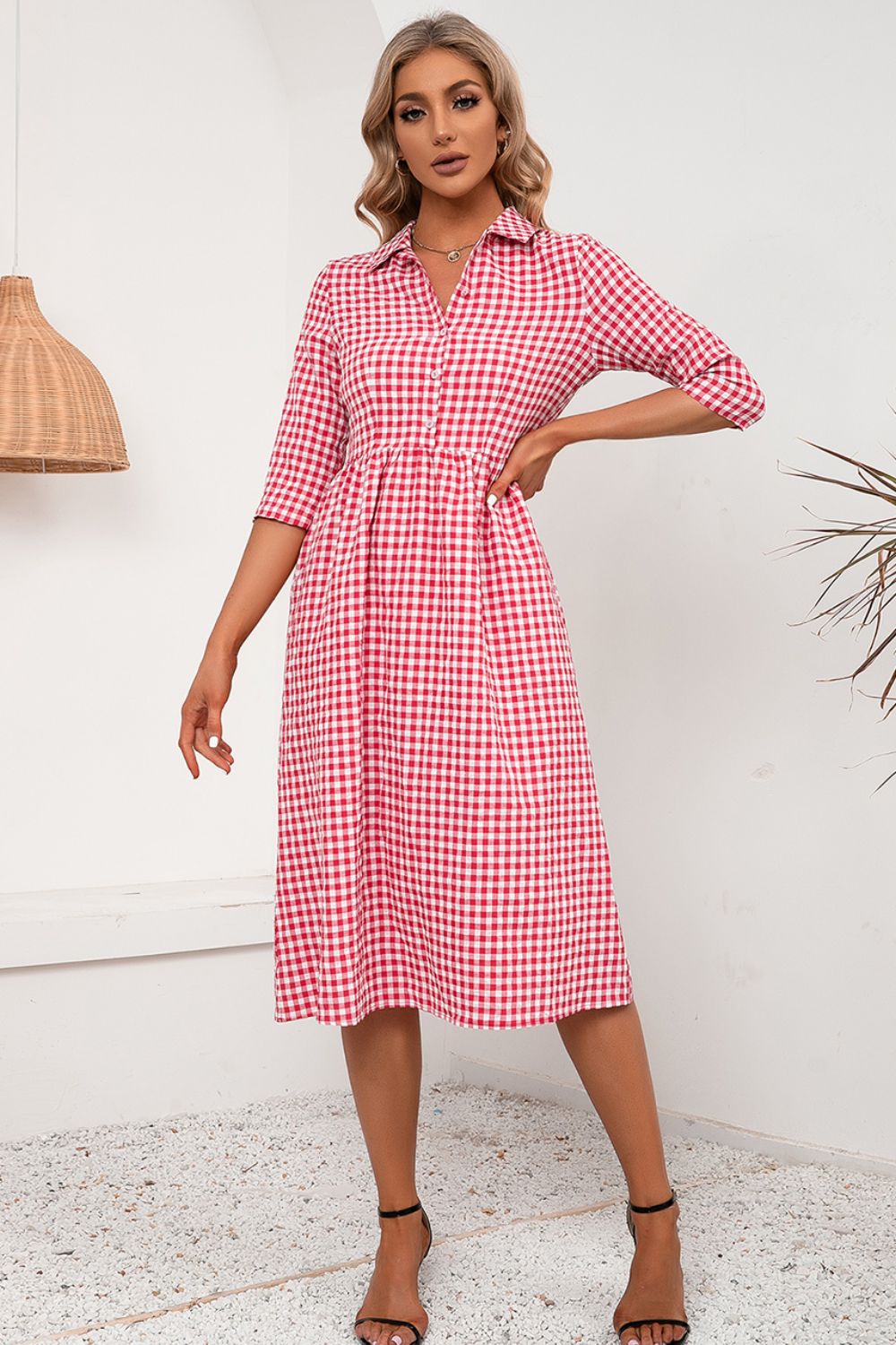 Ivy Lane Plaid Collared Neck Midi Dress