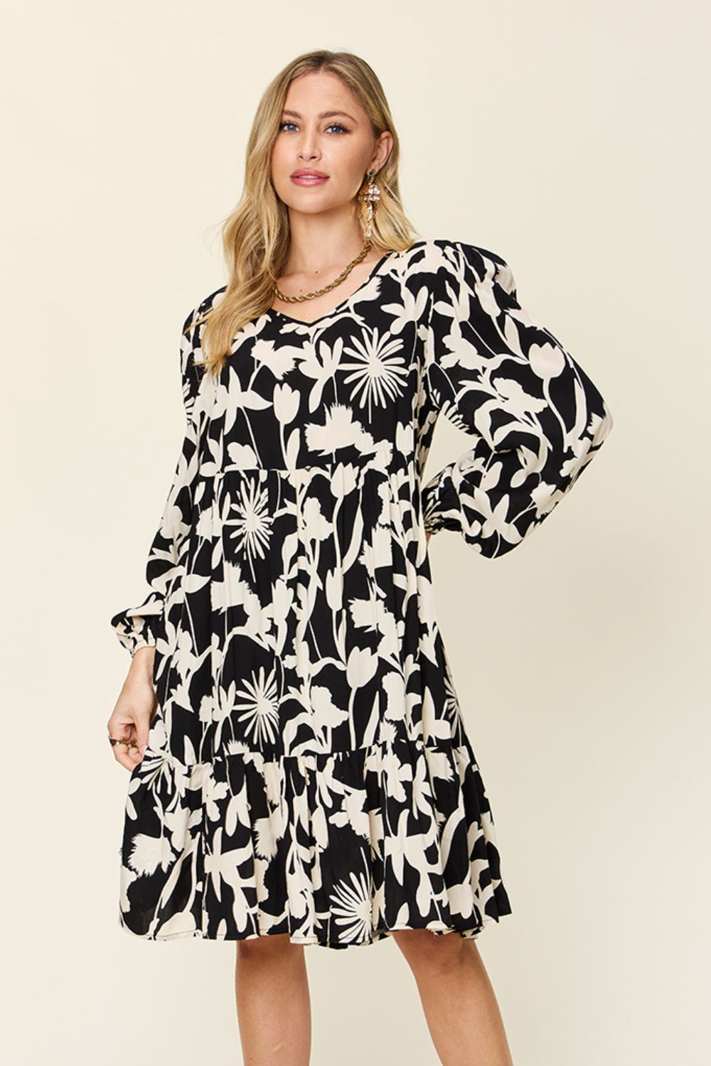 Double Take Full Size Printed Ruffle Hem Dress with Pocket