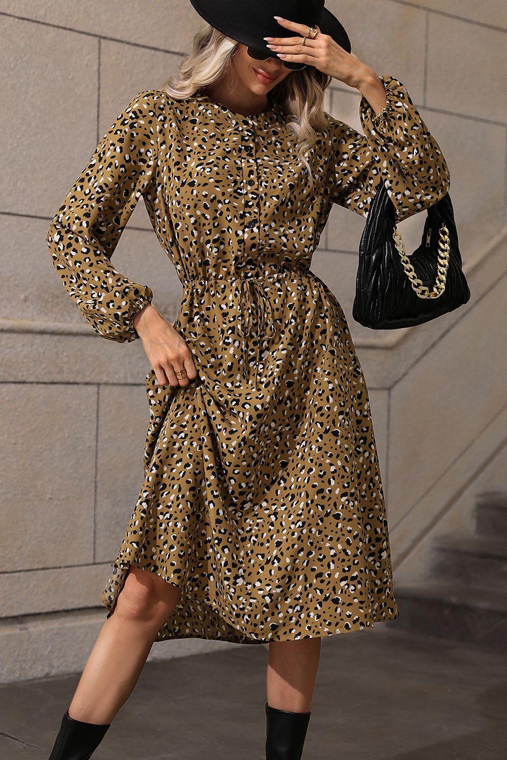 Honey Printed Long Sleeve Midi Dress