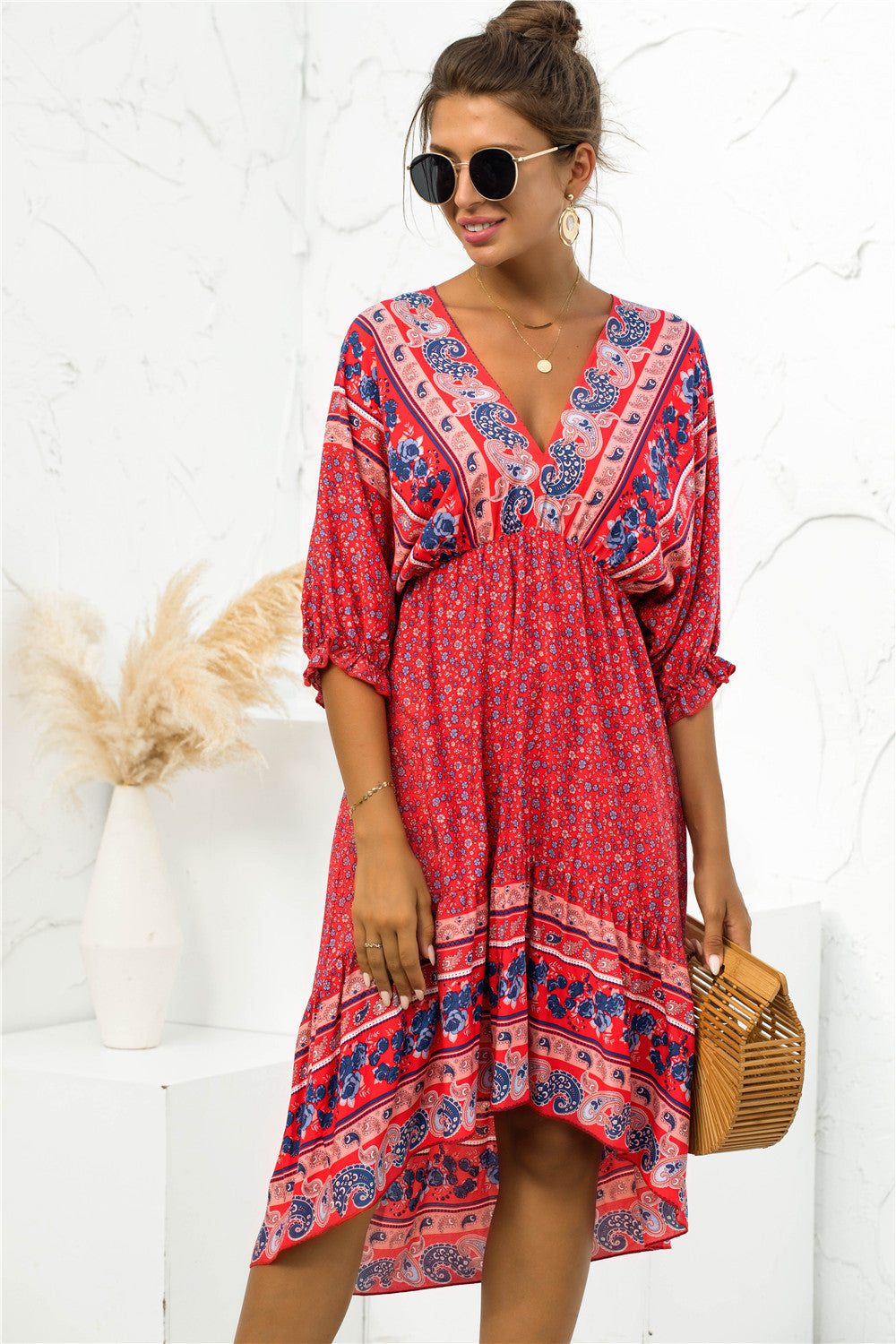 Vestido bohemio con escote en V y estampado