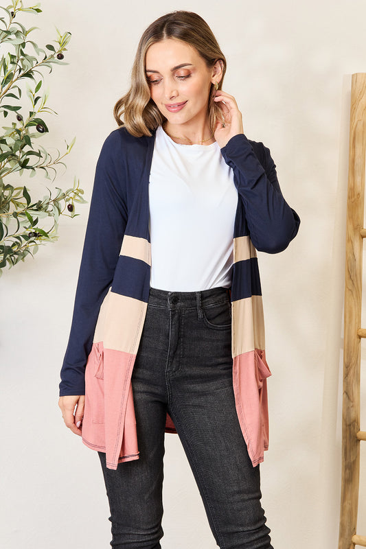 e.Luna Full Size Color Block Contrast Open Cardigan