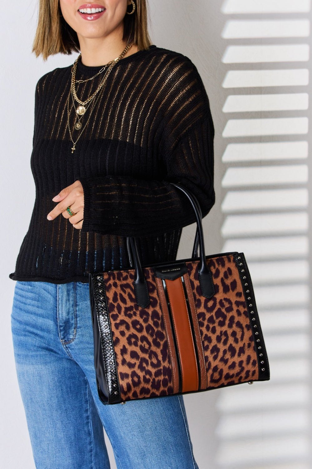 David Jones Leopard Contrast Rivet Handbag - Runway Regalia