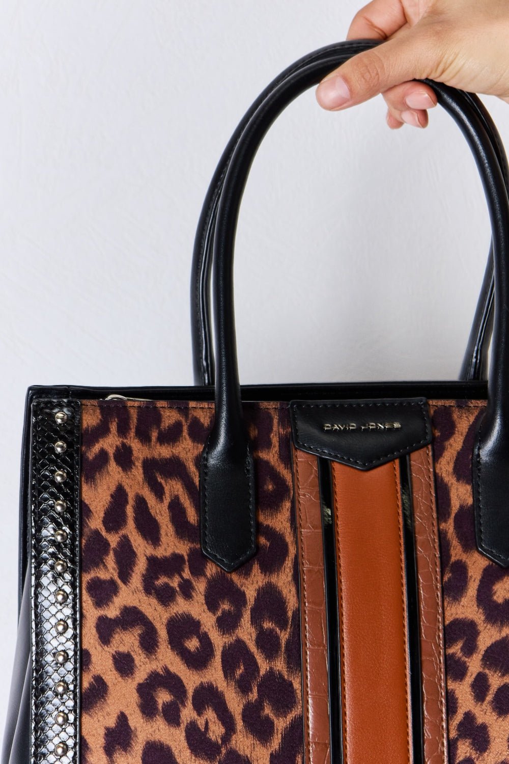 David Jones Leopard Contrast Rivet Handbag - Runway Regalia