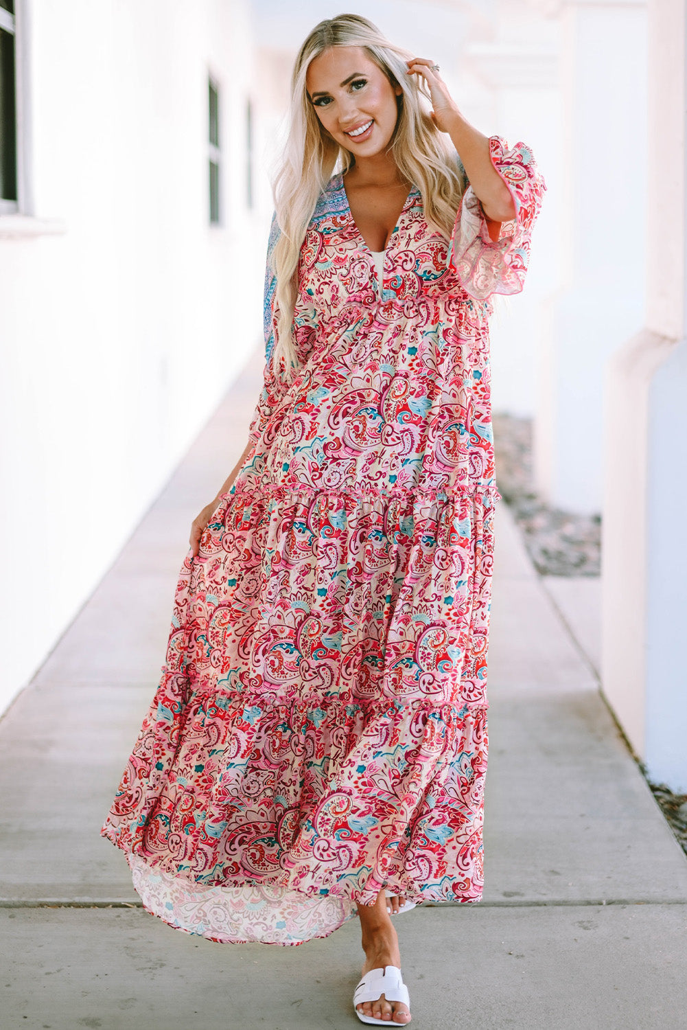 Deep V Three-Quarter Sleeve Maxi Dress