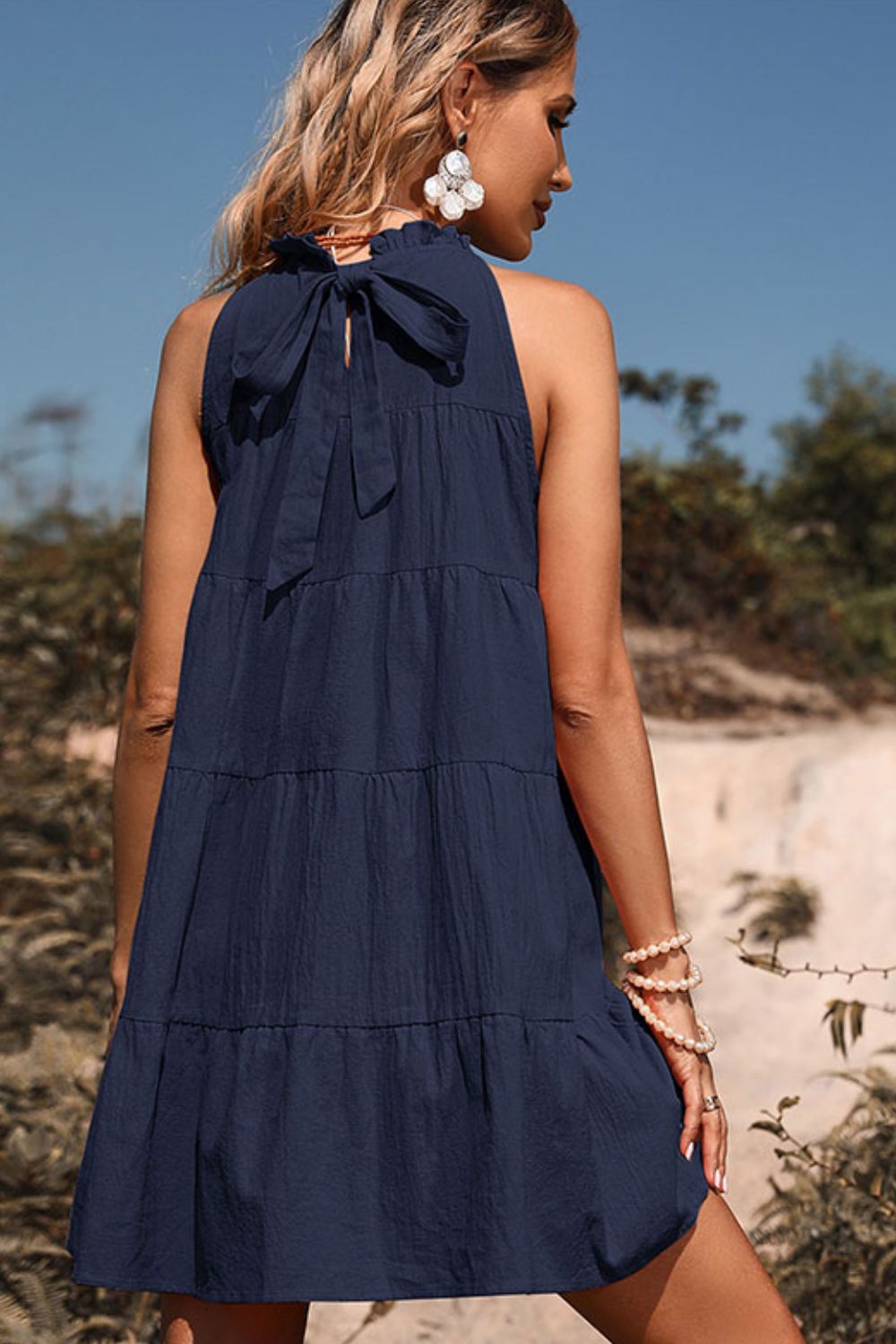 Perfee Tie Back Sleeveless Tiered Dress