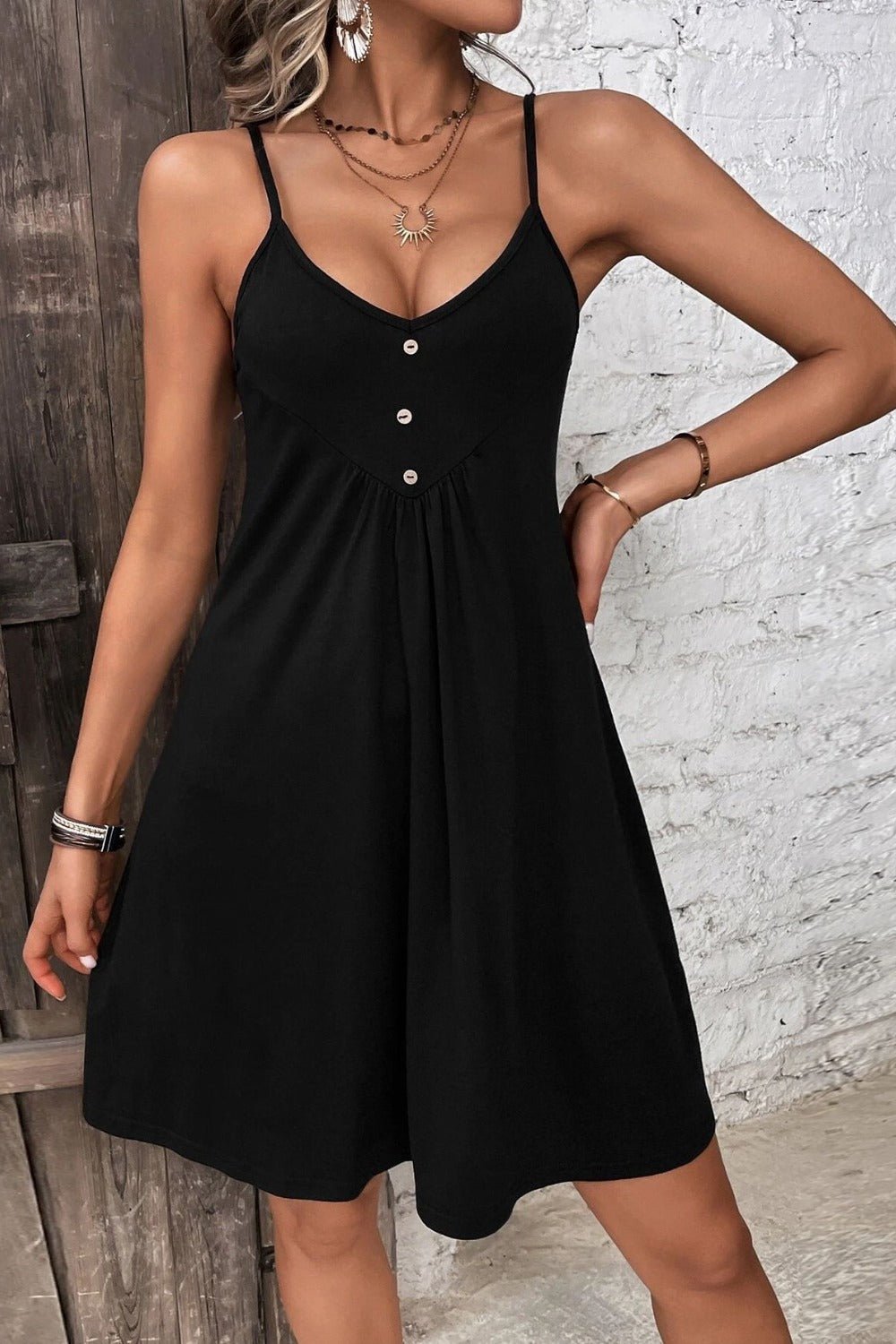 Decorative Button Scoop Neck Cami Dress - Runway Regalia