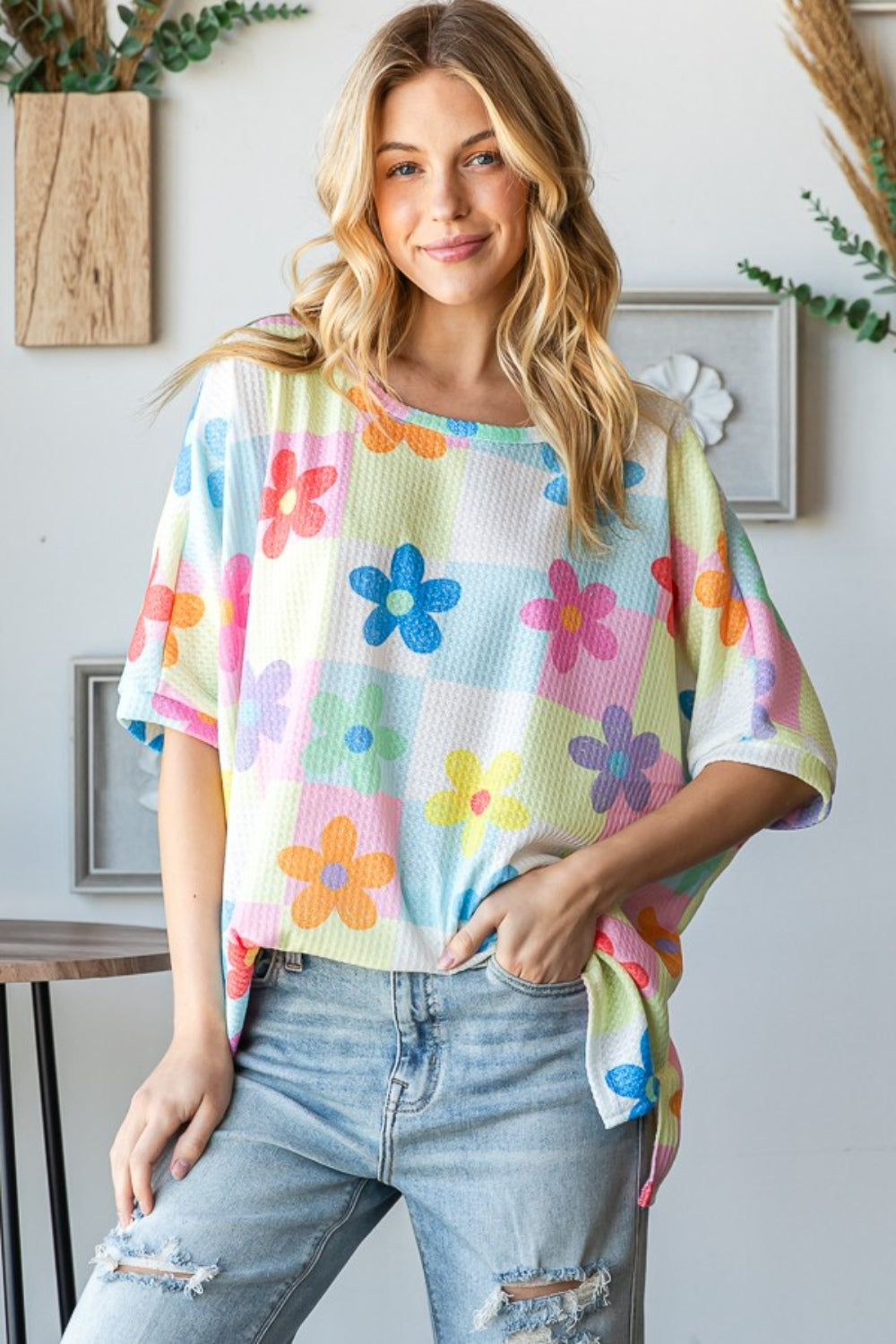 HOPELY Floral Round Neck Waffle T-Shirt