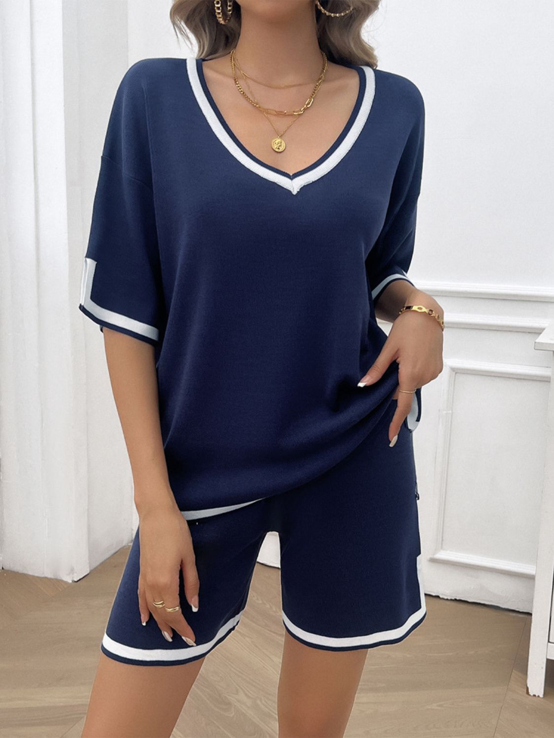 Devine Contrast Trim V - Neck Top and Shorts Set - Runway Regalia