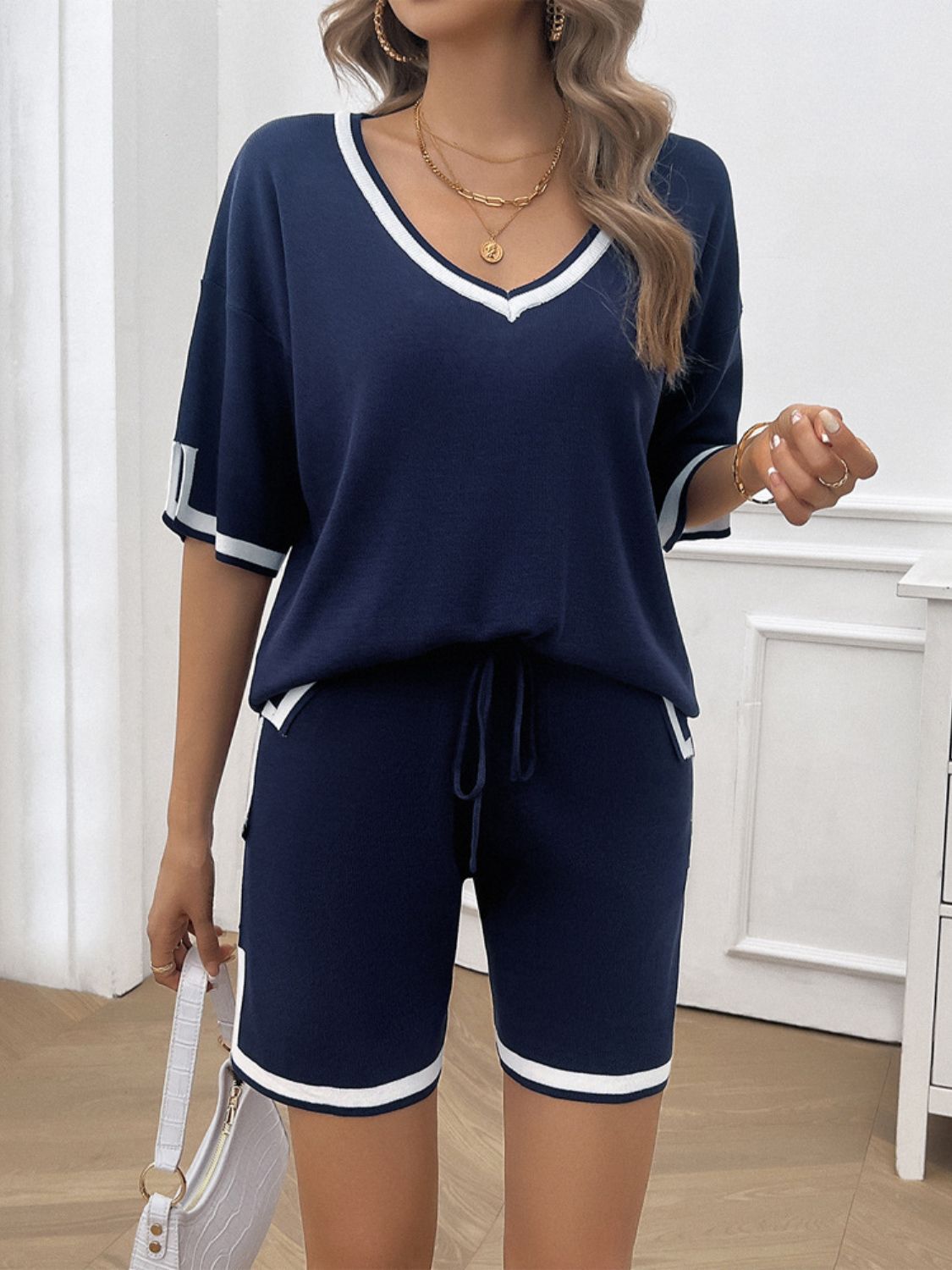 Devine Contrast Trim V - Neck Top and Shorts Set - Runway Regalia