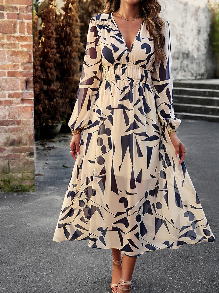 Devine Printed V - Neck Long Sleeve Midi Dress - Runway Regalia