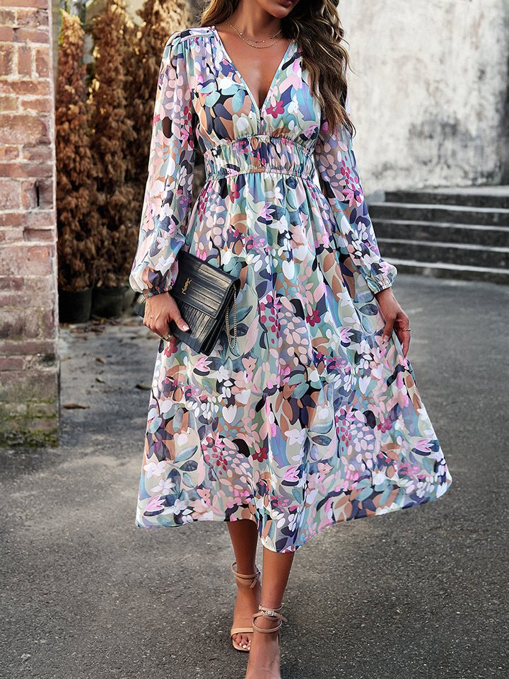 Devine Printed V - Neck Long Sleeve Midi Dress - Runway Regalia