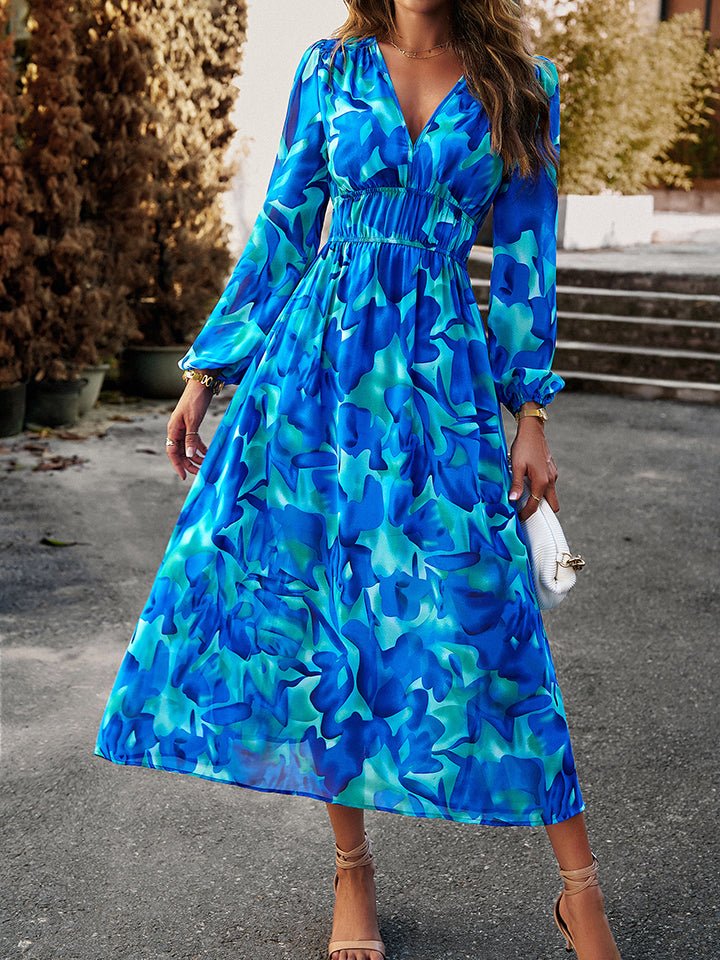 Devine Printed V - Neck Long Sleeve Midi Dress - Runway Regalia