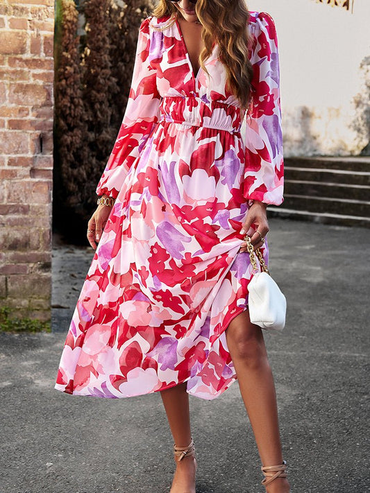 Devine Printed V - Neck Long Sleeve Midi Dress - Runway Regalia