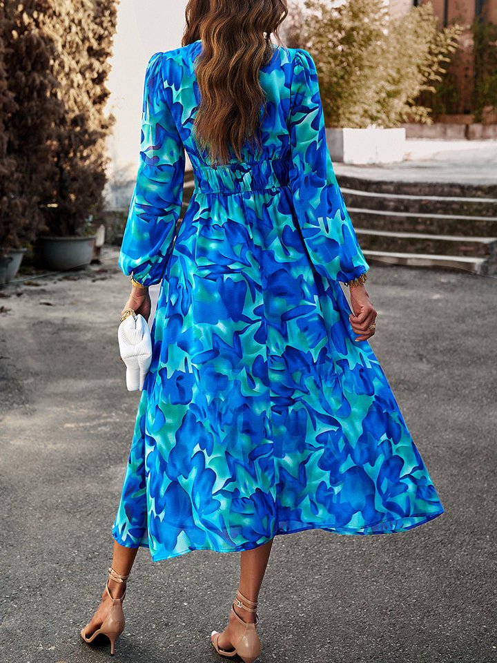 Devine Printed V - Neck Long Sleeve Midi Dress - Runway Regalia