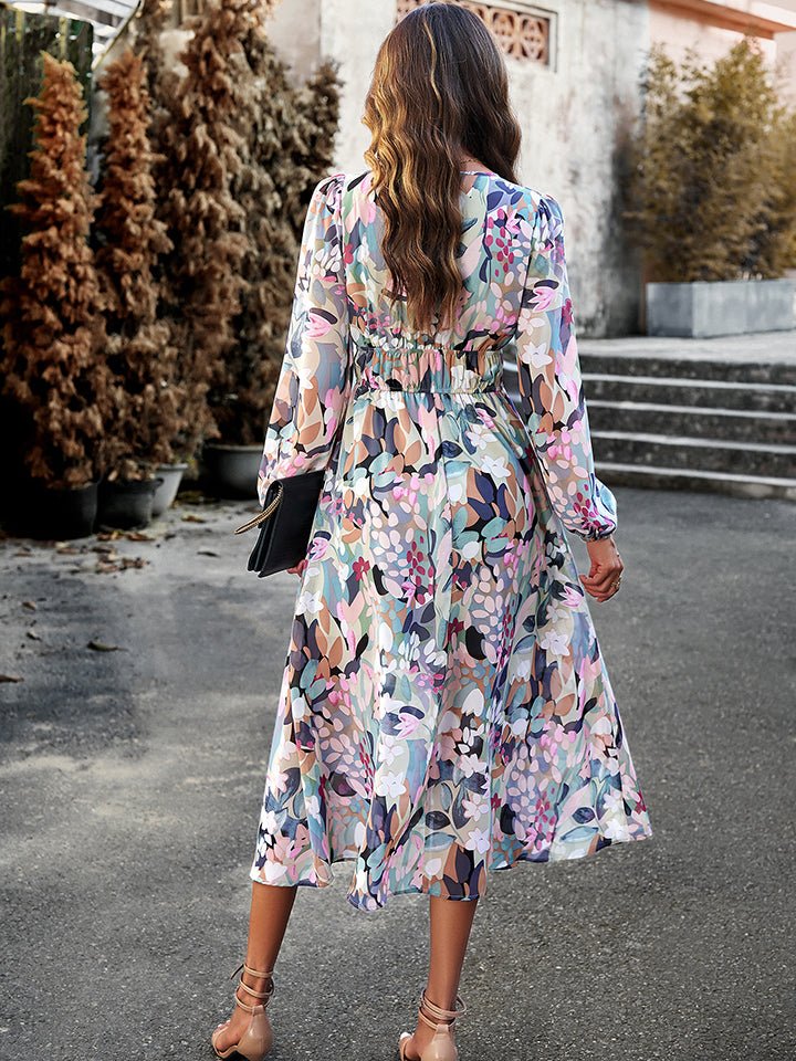 Devine Printed V - Neck Long Sleeve Midi Dress - Runway Regalia