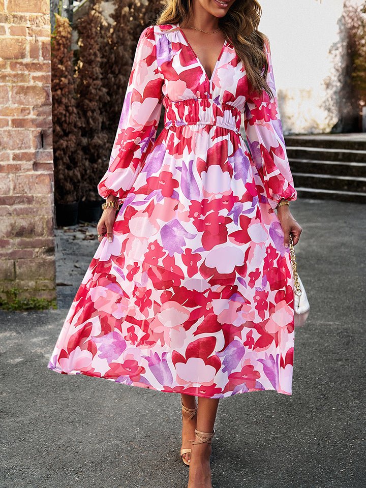 Devine Printed V - Neck Long Sleeve Midi Dress - Runway Regalia