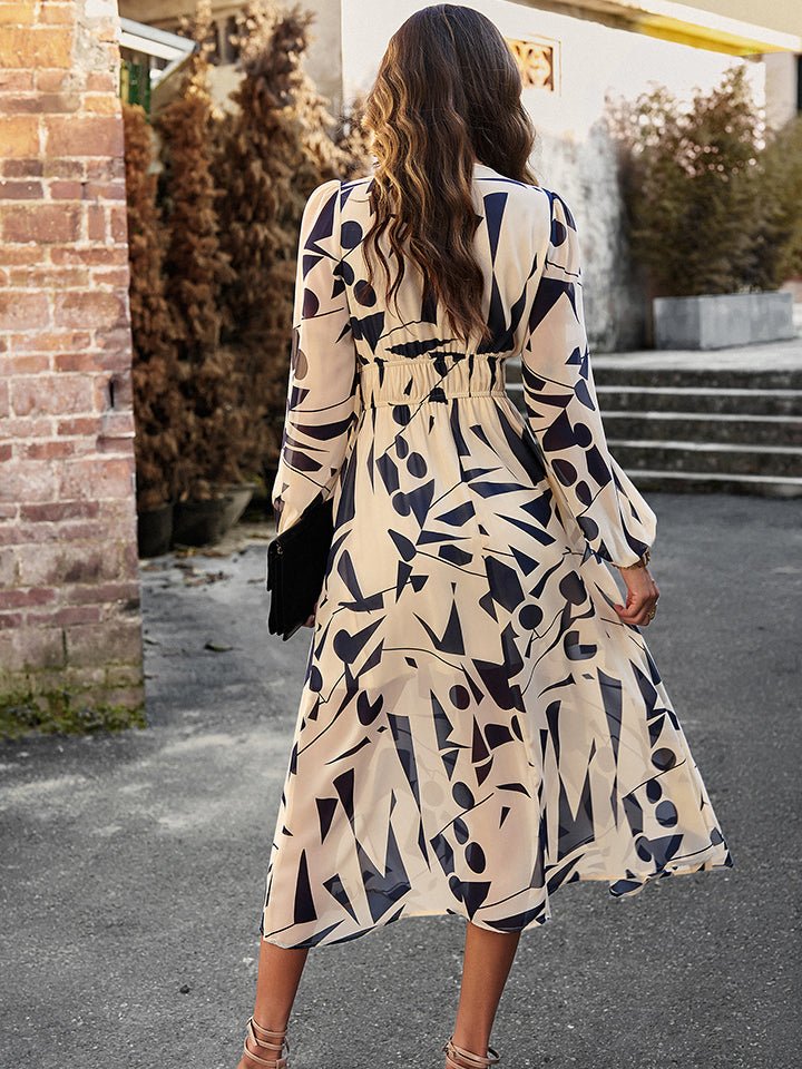 Devine Printed V - Neck Long Sleeve Midi Dress - Runway Regalia