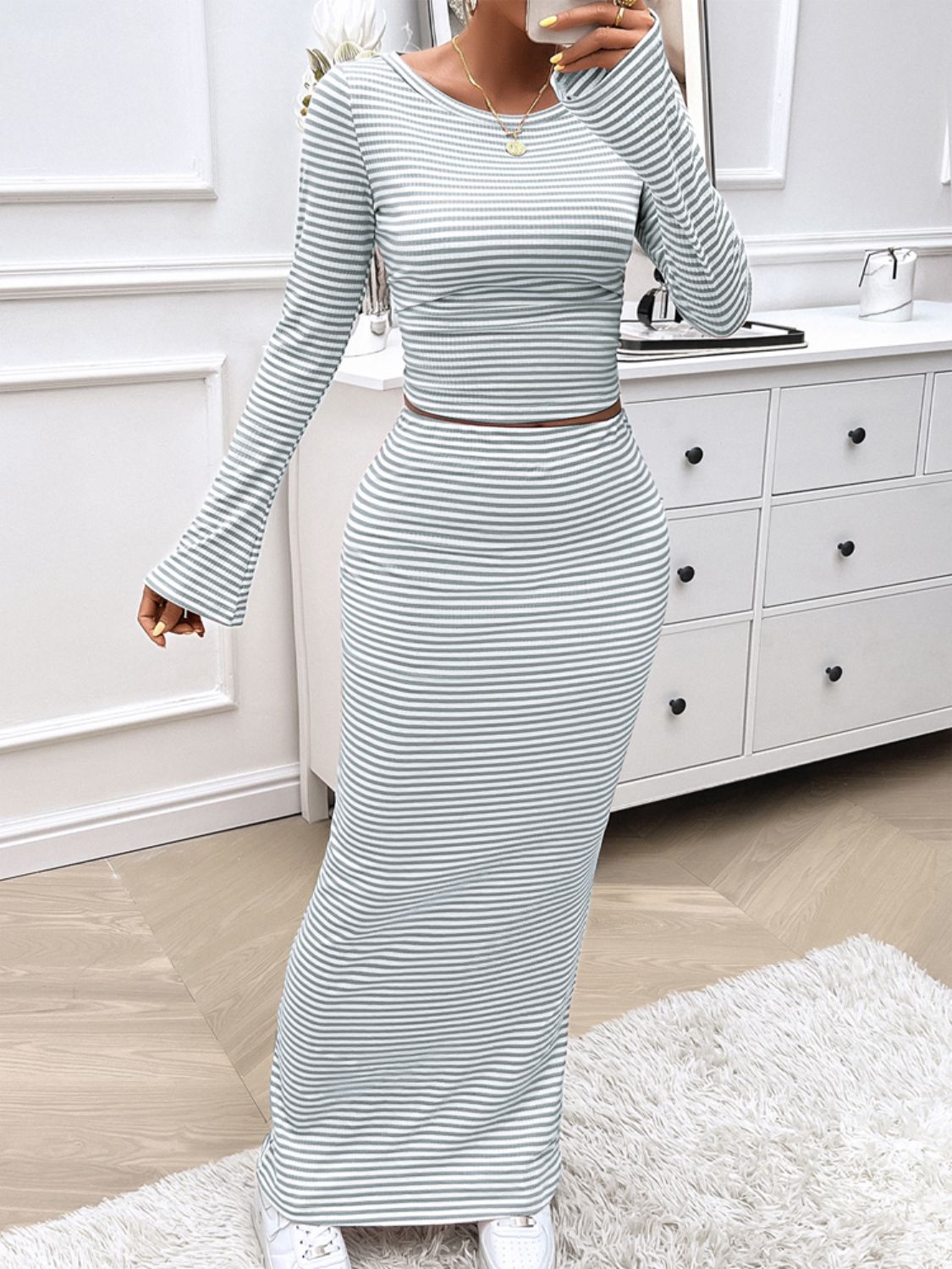 Devine Striped Boat Neck Top and Skirt Set - Runway Regalia